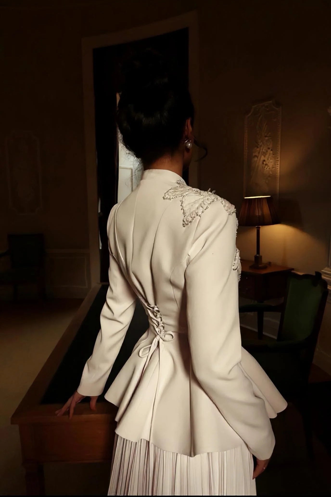 Embellished Peplum Jacket & Pleated Skirt Two-Piece Set-White