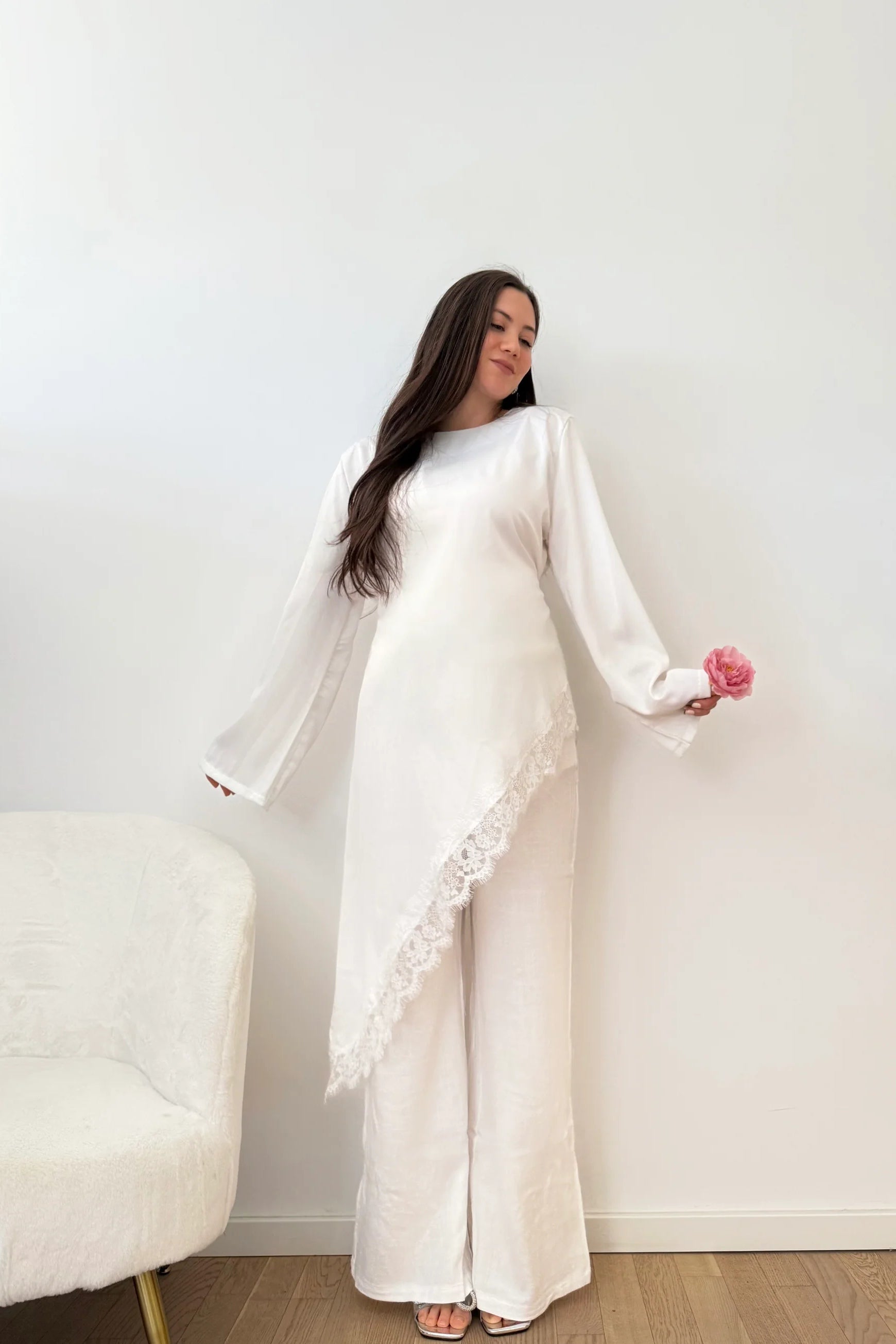 Lace-Trimmed Asymmetric Satin Modest Tunic-White