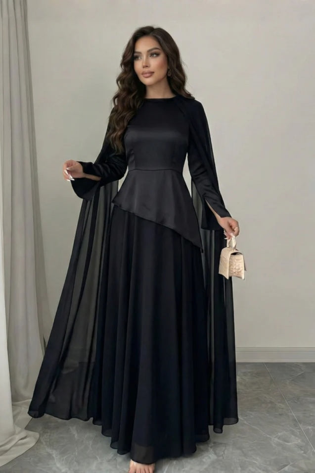 Sofia Peplum Cape Maxi Dress-Black