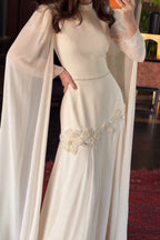 Embellished Hip High-Neck Cape Sleeve Maxi Dress