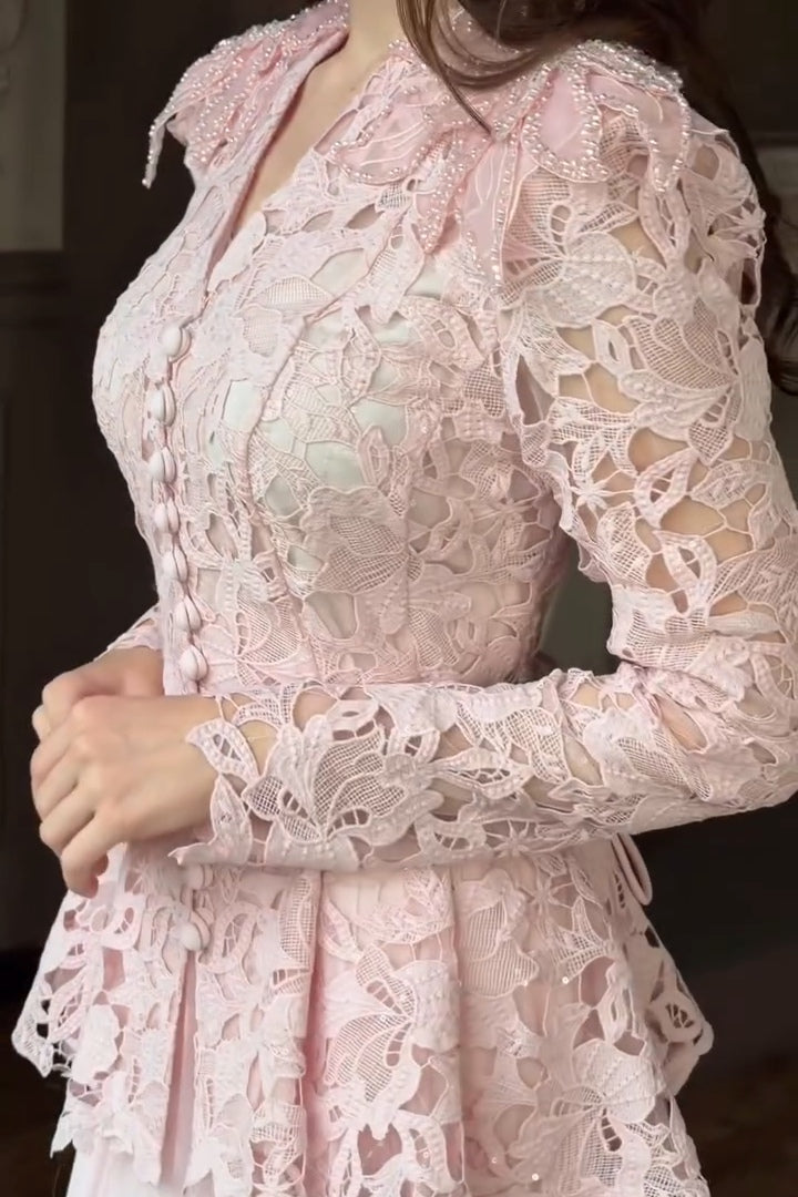 Romantic Chantilly Lace Peplum Set-Pink