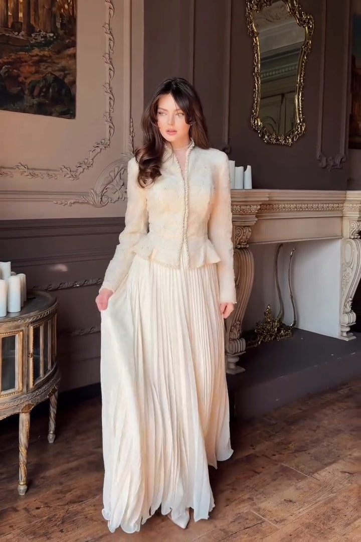 Embellished Peplum Jacket and Pleated Maxi Skirt Two-Piece Set