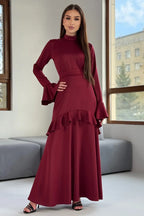 Huda High Neck Flare Sleeve Ruffle Maxi Dress-Red