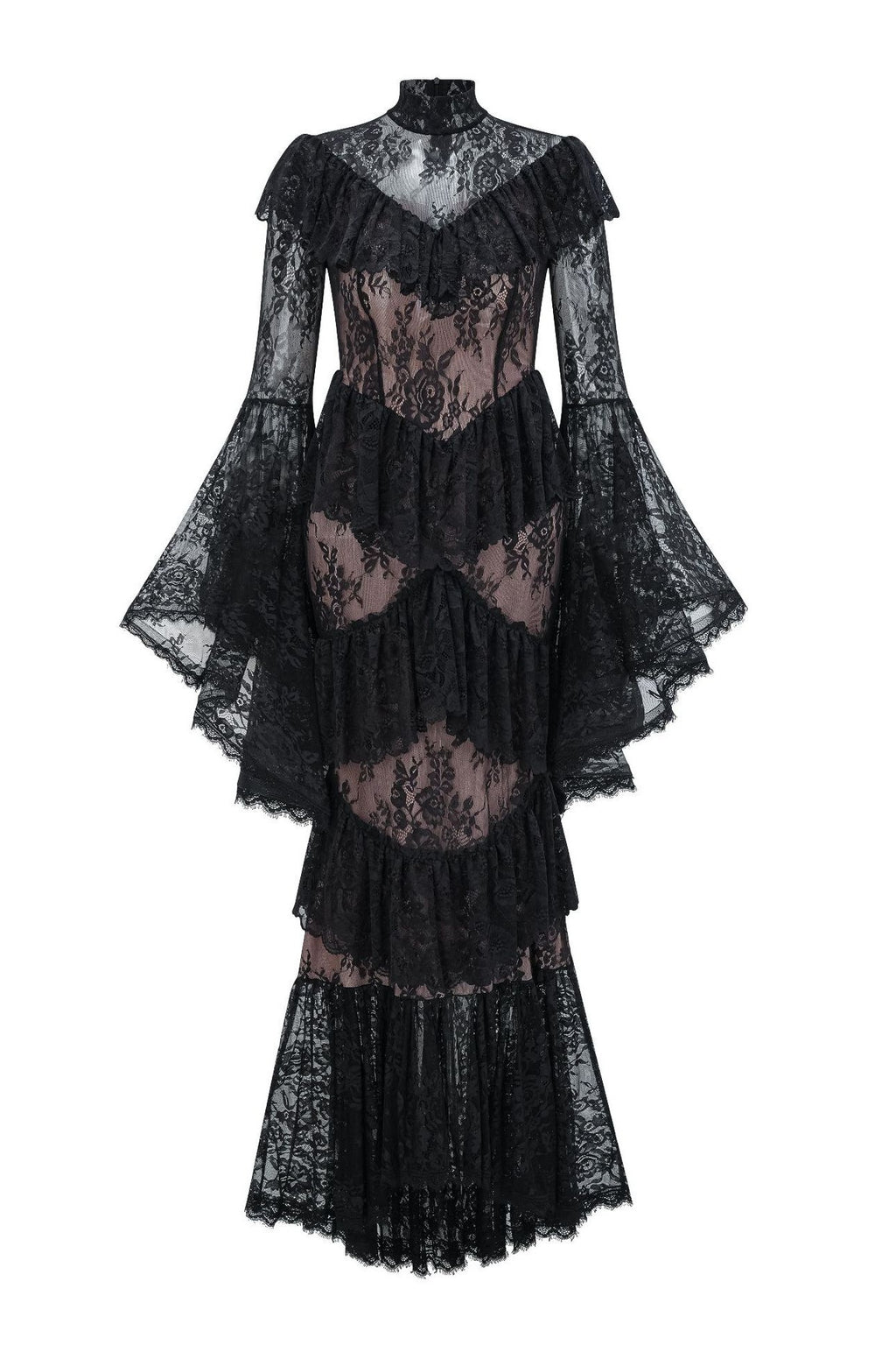 Coveie Lace Ruffle Maxi Dress - Black