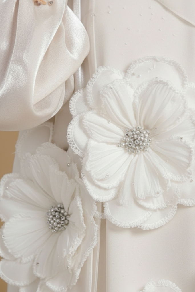 Artisan 3D Floral Appliqu¨¦ Off-White Abaya with Ruffled Pearl Cuffs