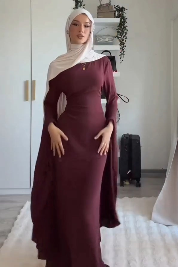 High-Neck Dramatic Cape Sleeve Maxi Dress