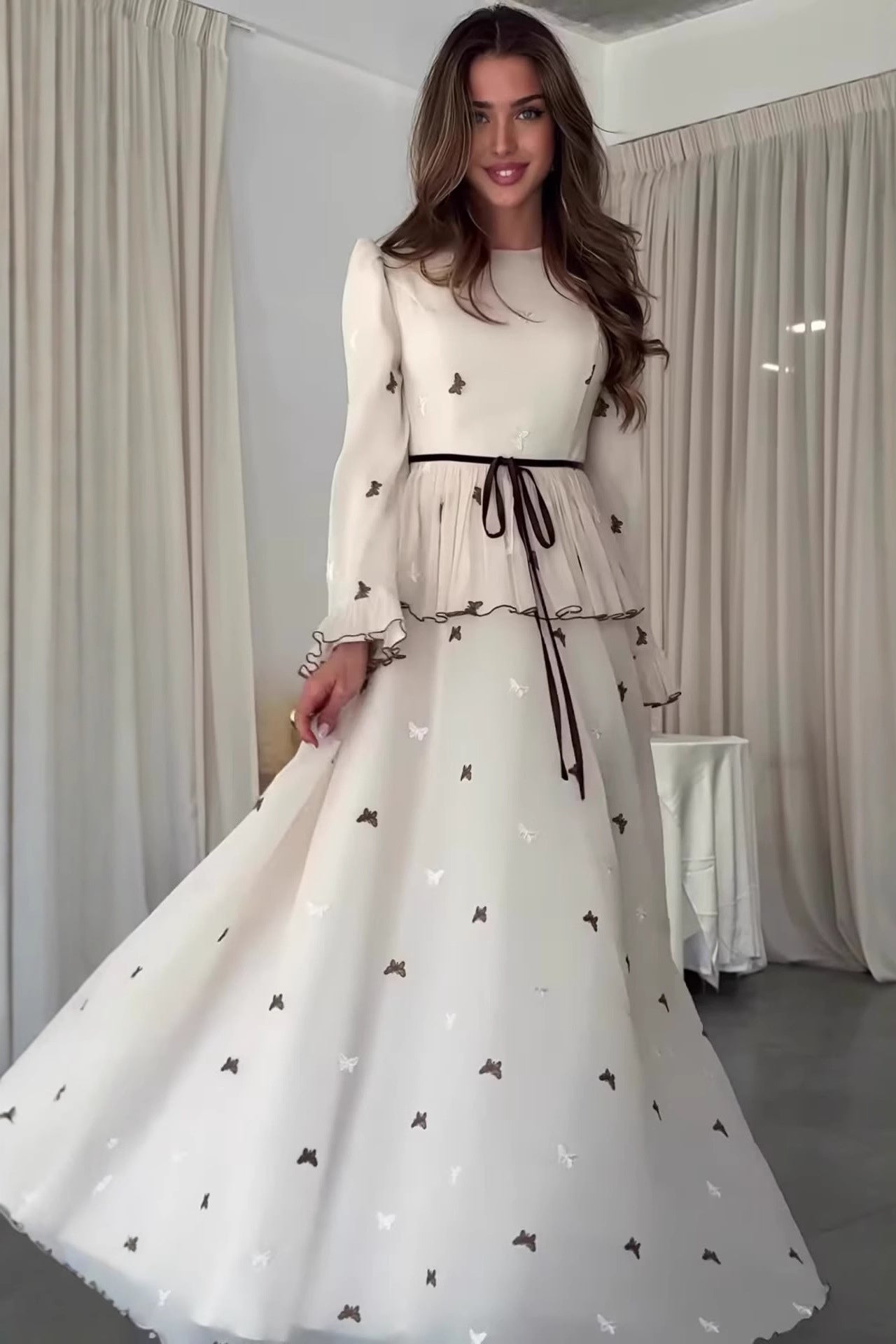Lila Butterfly Embroidered Tie Waist Maxi Dress