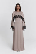 Lace-Trimmed Cape Overlay Modest Maxi Dress-Grey