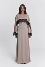 Lace-Trimmed Cape Overlay Modest Maxi Dress-Grey