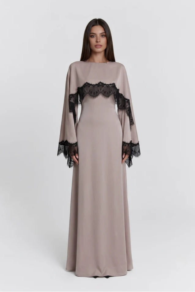Lace-Trimmed Cape Overlay Modest Maxi Dress-Grey