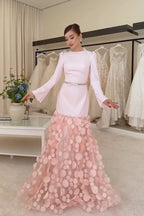 Vera 3D Petal Flare Sleeve Maxi Dress-Pink