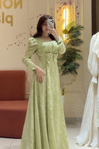 Elara Bow Floral Puff Sleeve Midi-Green