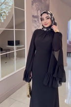 Zahra Neck Gathered Flare Sleeve Maxi Dress