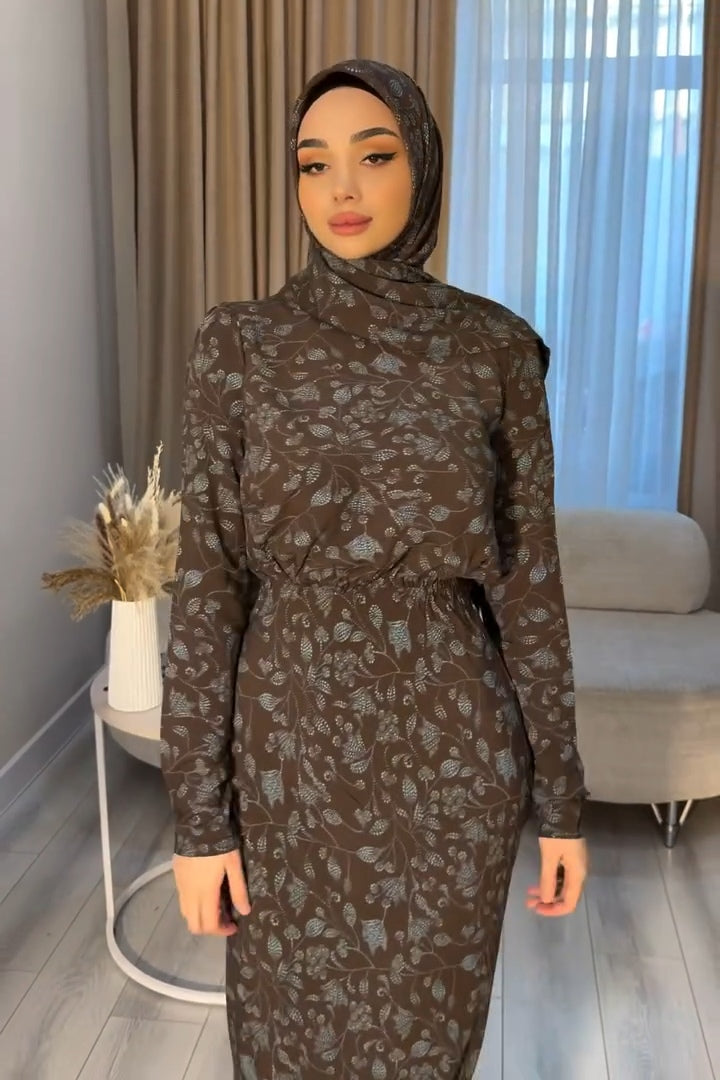 Maryam Leaf Print Waist Gathered Maxi Dress