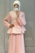 Elena Peplum Pleated Skirt Two Piece Set-Pink