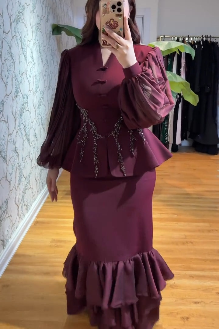 Hana Frog Button Lace Peplum Skirt Set-Wine