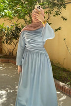 Rahma Side Ruched Flare Sleeve Maxi Dress-Blue