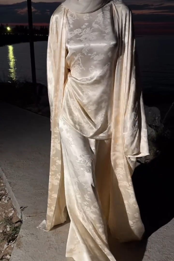Zahra Floral Jacquard Open Abaya Set-Apricot