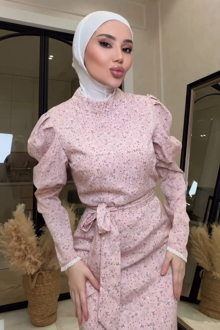 Lina Floral Puff Sleeve Belted Midi Dress