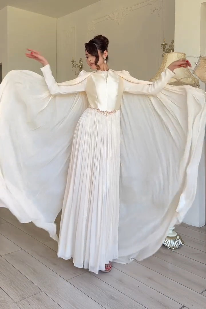Serena Cape Sleeve Pleated Maxi Gown