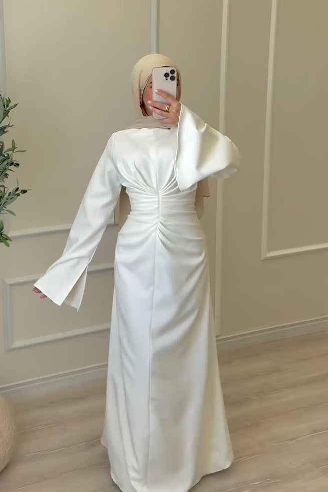 Center Ruched Satin Bell Sleeve Maxi Dress