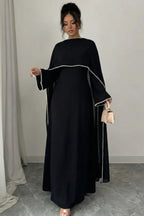 Pearl-Trimmed Cape Modest Evening Gown-Black