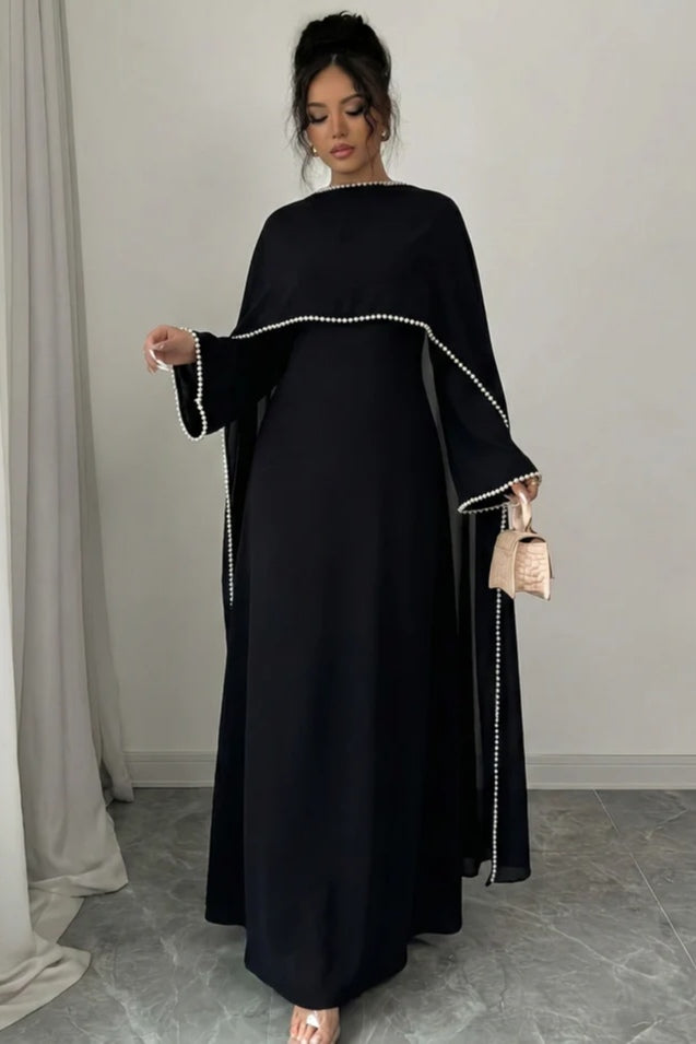 Pearl-Trimmed Cape Modest Evening Gown-Black