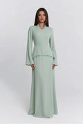Nur V Neck Beaded Two Piece Abaya-Green