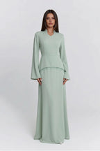 Nur V Neck Beaded Two Piece Abaya-Green