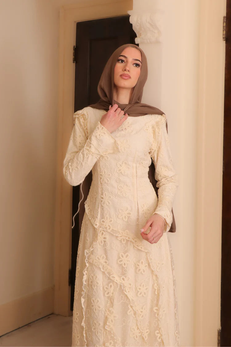 Layla Asymmetric Ruffle-Trim Embroidered Lace Maxi