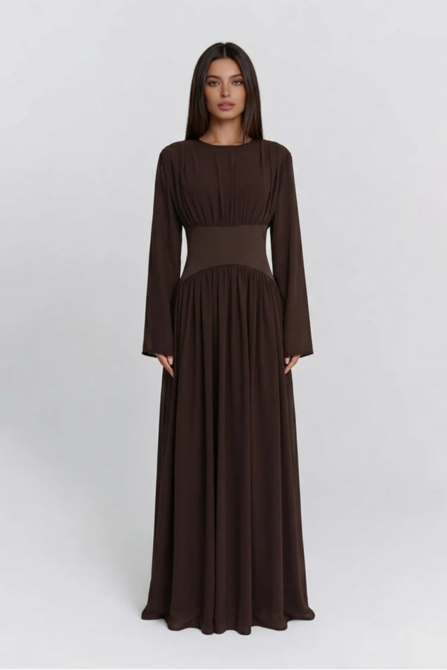 Iris Gathered Waist Flare Sleeve Maxi Dress-Coffee