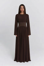 Iris Gathered Waist Flare Sleeve Maxi Dress-Coffee
