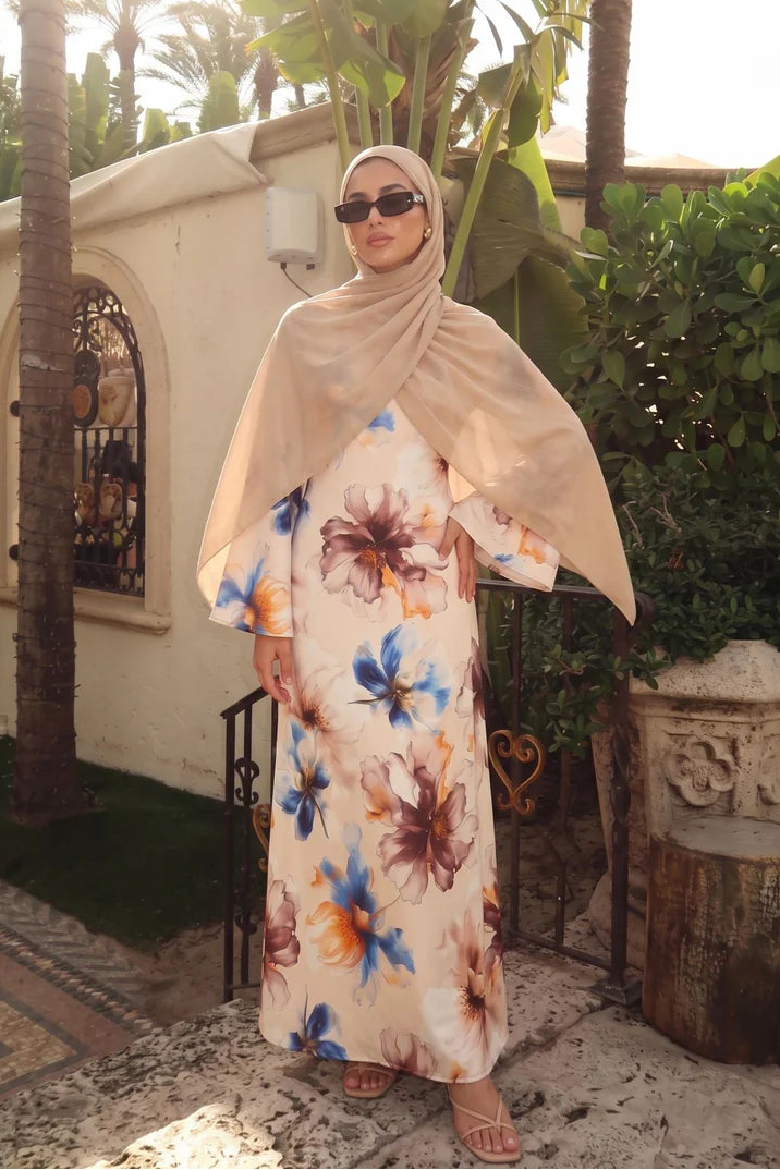 Large Floral Print Bell Sleeve Maxi Dress-White