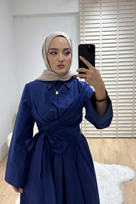 Wrap-Waist Shirt Maxi Dress-Blue