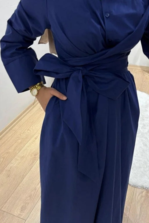 Wrap-Waist Shirt Maxi Dress-Blue