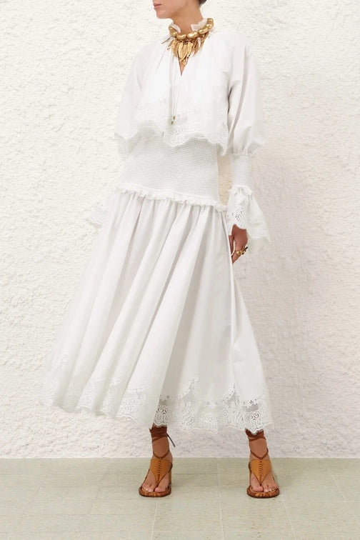 Kiara Embroidery Smocked Waist Maxi Dress