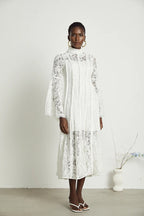 Olivia Mock Neck Lace Maxi Dress-White