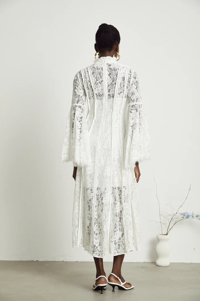 Olivia Mock Neck Lace Maxi Dress-White