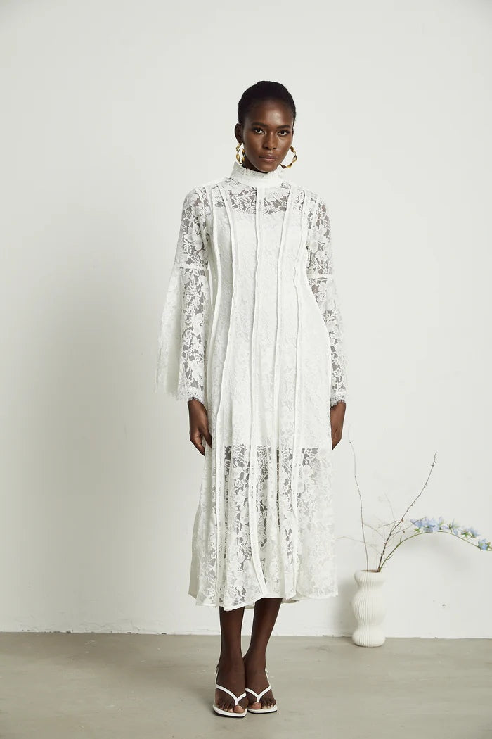 Olivia Mock Neck Lace Maxi Dress-White