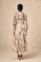 Candice Floral Ruffled Tulle Midi Dress-Apricot