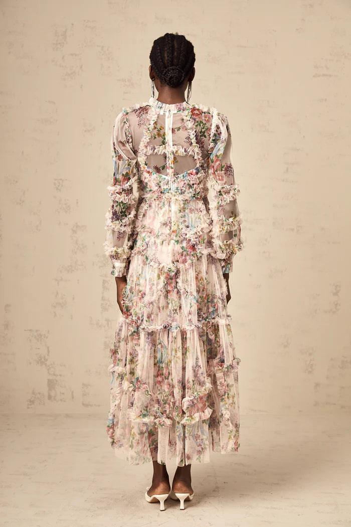 Candice Floral Ruffled Tulle Midi Dress-Apricot
