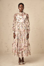 Candice Floral Ruffled Tulle Midi Dress-Apricot