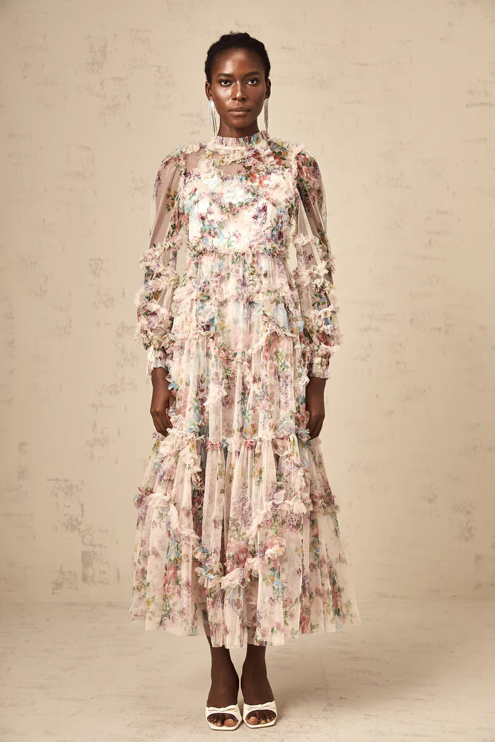 Candice Floral Ruffled Tulle Midi Dress-Apricot