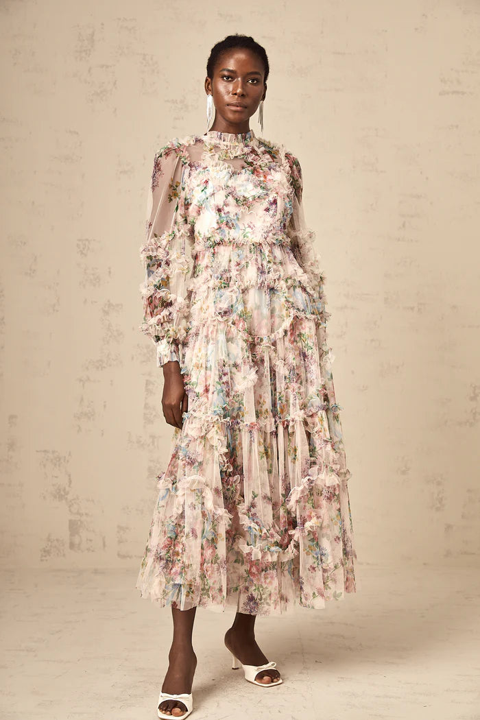 Candice Floral Ruffled Tulle Midi Dress-Apricot