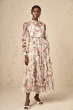Candice Floral Ruffled Tulle Midi Dress-Apricot