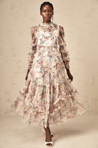 Candice Floral Ruffled Tulle Midi Dress-Apricot