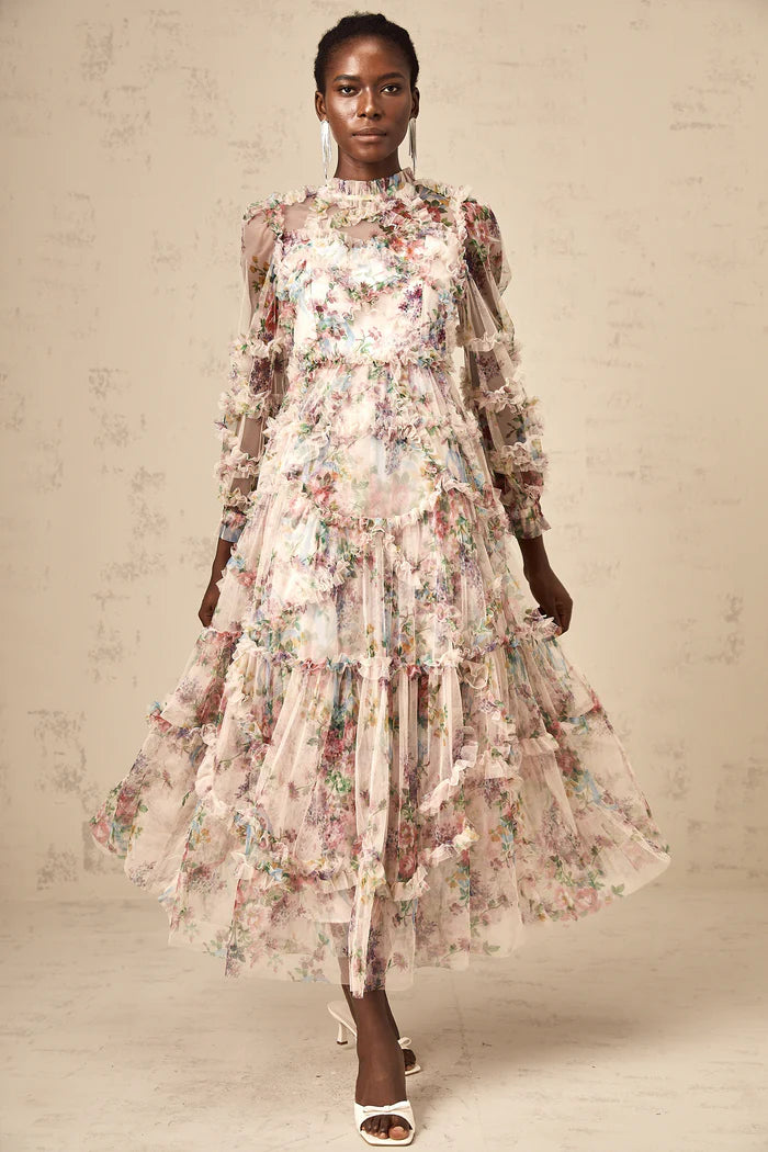 Candice Floral Ruffled Tulle Midi Dress-Apricot