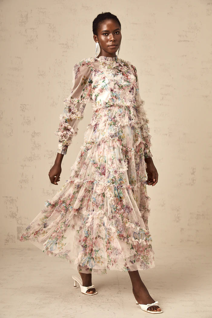 Candice Floral Ruffled Tulle Midi Dress-Apricot
