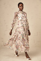 Candice Floral Ruffled Tulle Midi Dress-Apricot