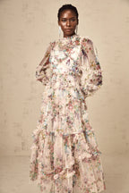 Candice Floral Ruffled Tulle Midi Dress-Apricot